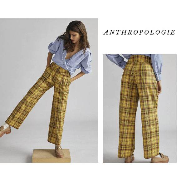 NEW Anthropologie Yellow Wide-Leg Plaid Pants - Size Medium - Picture 1 of 6
